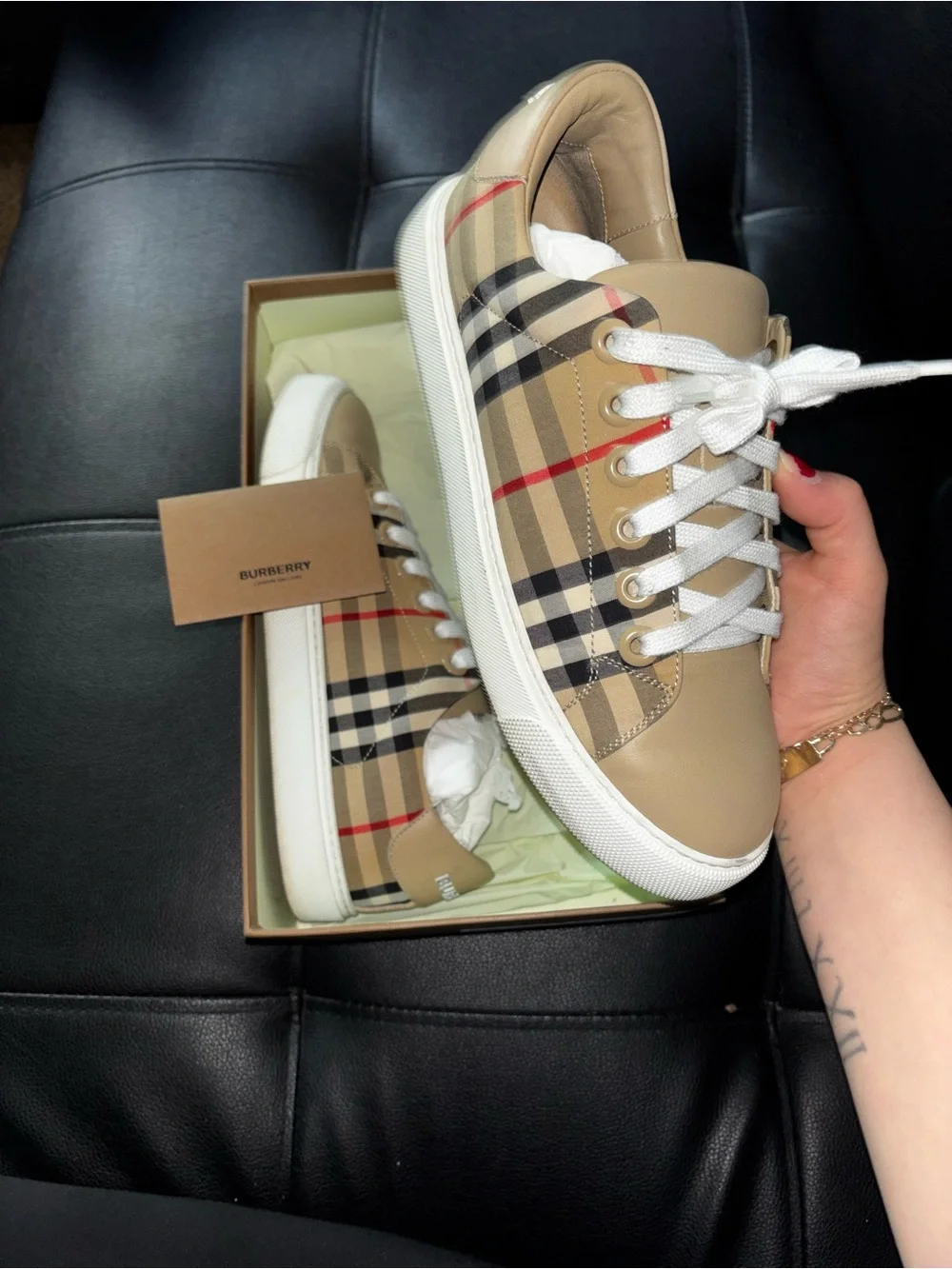 Burberry Beige Leather Sneakers with Signature Check Panels - Picture 3 of 7